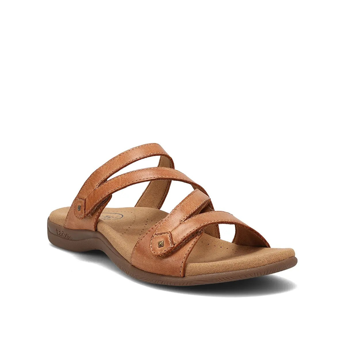 Taos womens leather slide sandal with multiple crossover straps and cushioned footbed