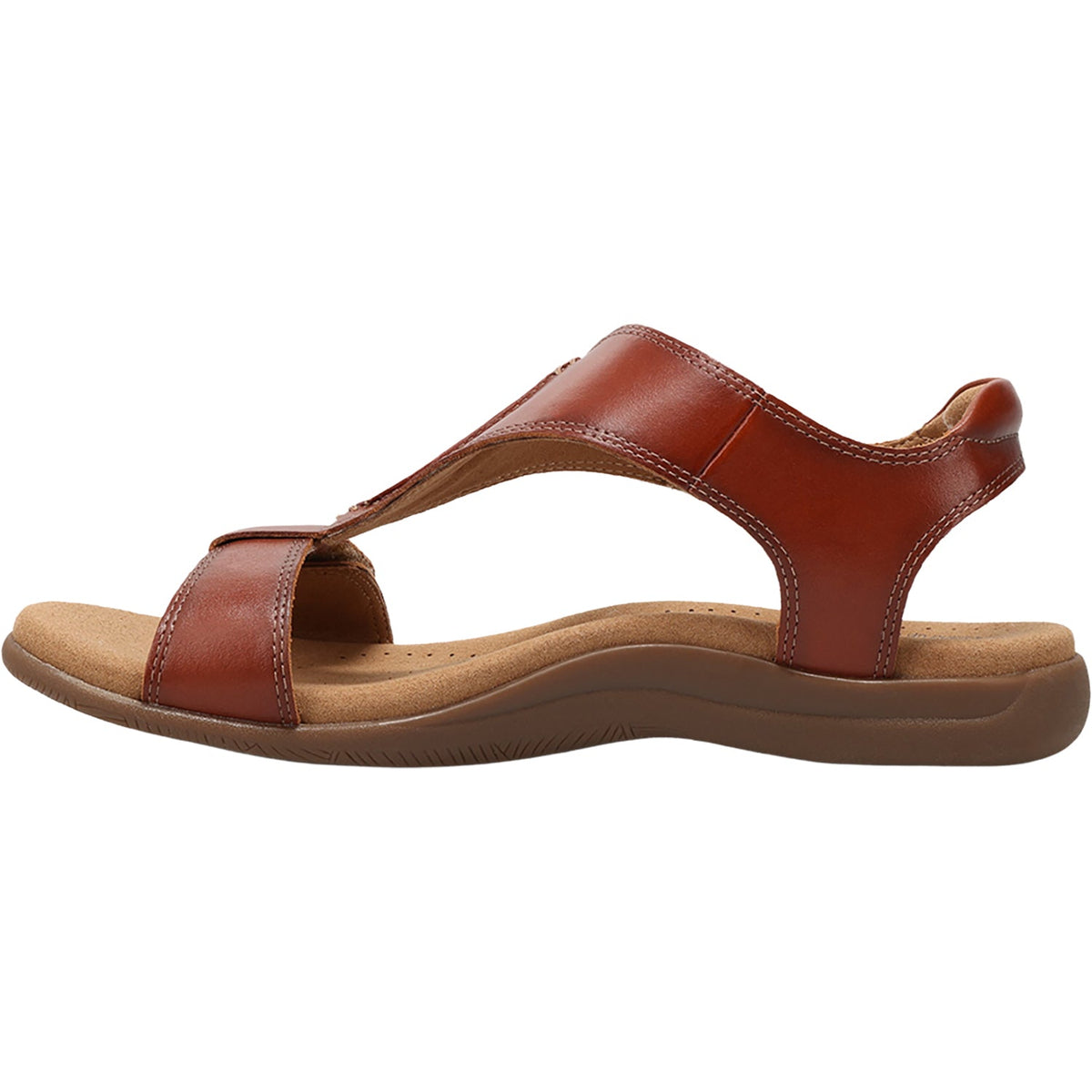 Women's leather sandal with T-strap design and cushioned footbed on tan sole
