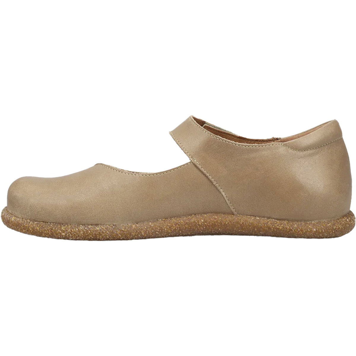 Taos womens leather Mary Jane flat shoe with ankle strap and cork sole, side view