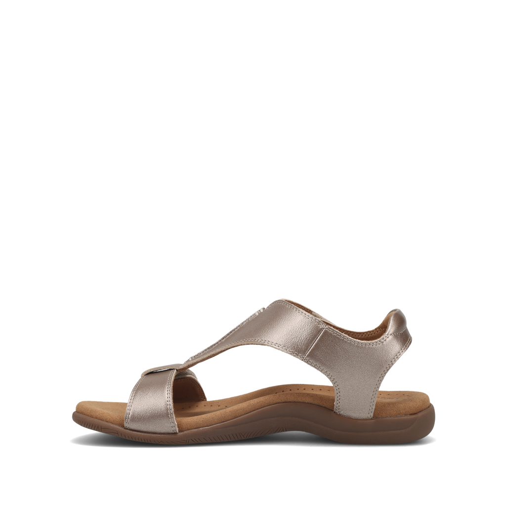 Taos women's slip-on sandal with metallic cross-strap upper and cushioned footbed, side view