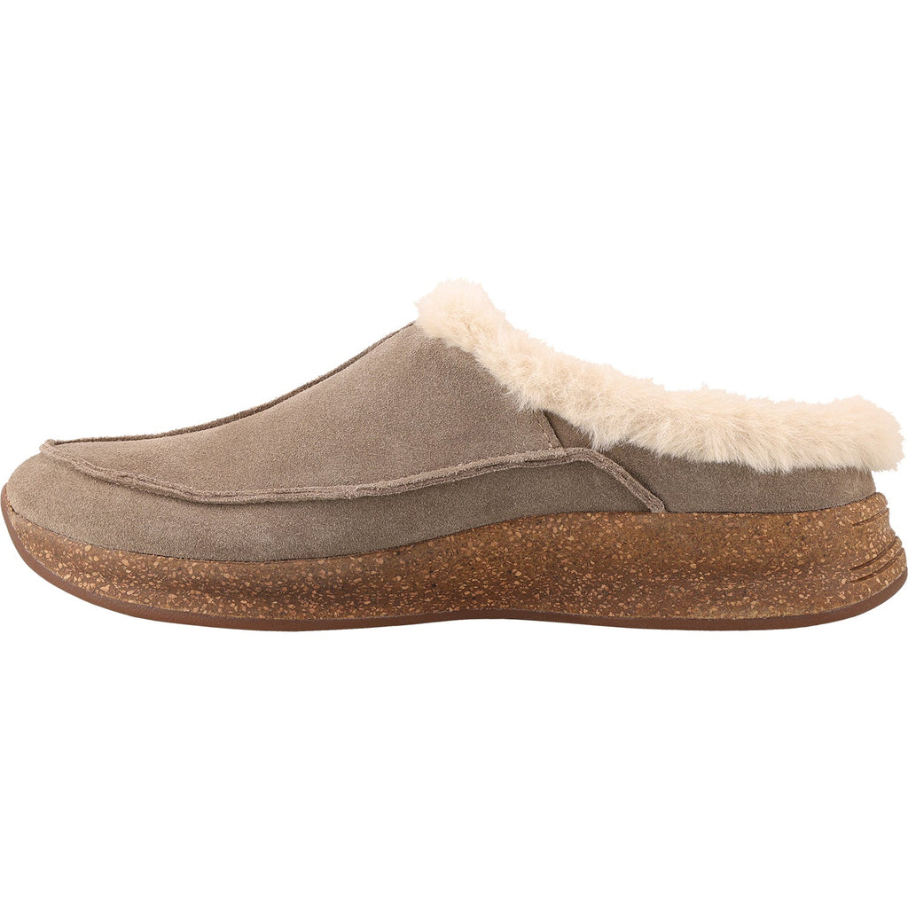 Taos womens suede slip-on clog slipper with faux fur lining and cork sole, lateral view