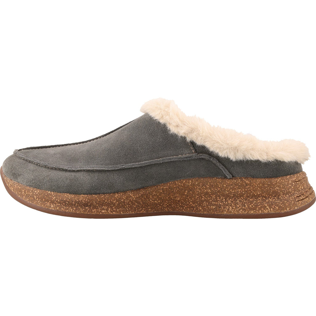 Taos women's suede mule slipper with faux fur lining and cork sole, side view