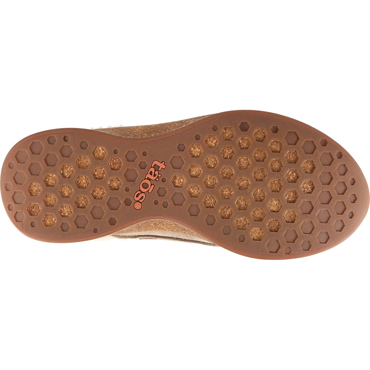 Bottom sole view of Taos slipper showing hexagonal cork tread pattern and brand logo