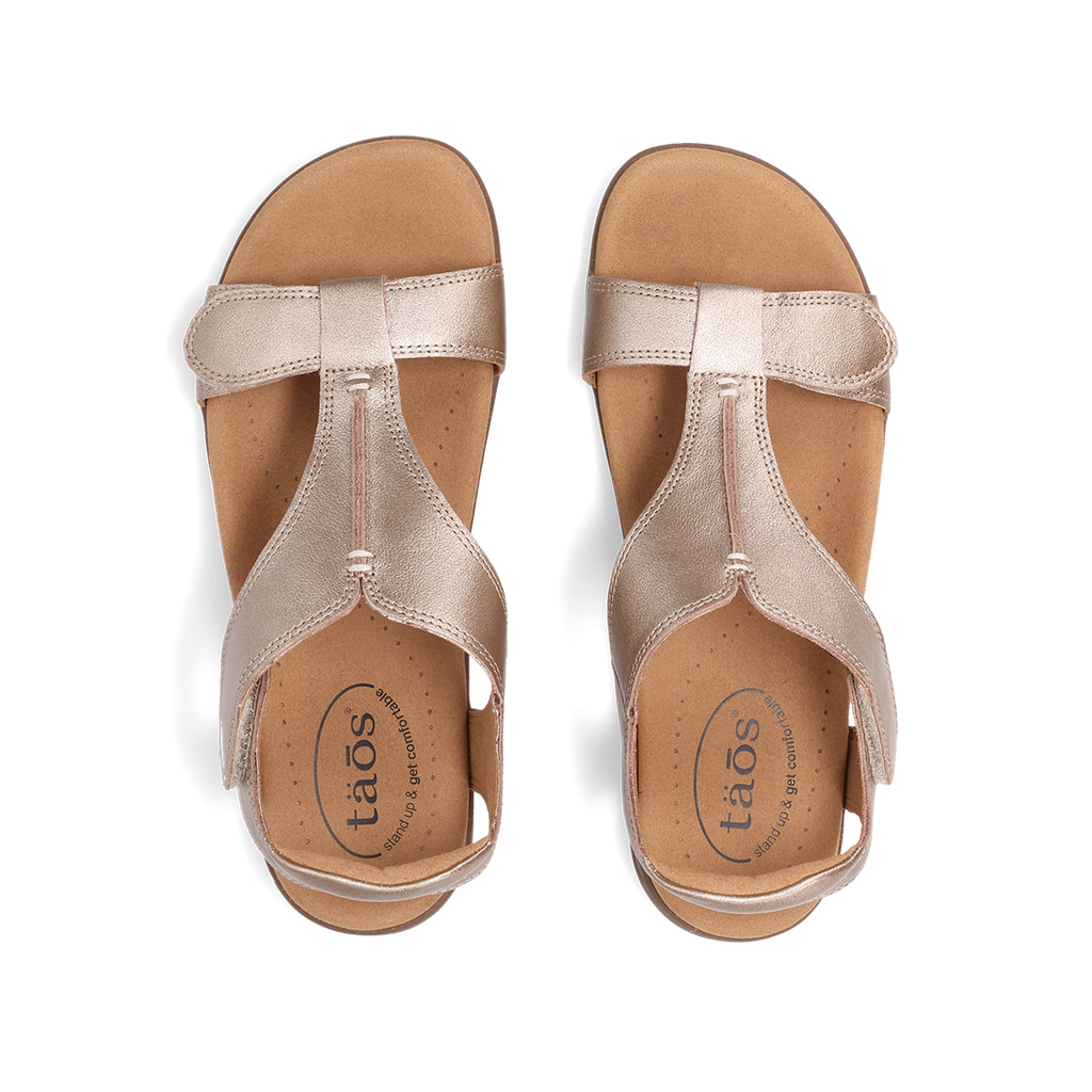Taos women's T-strap sandals with metallic straps and cushioned footbed, top view