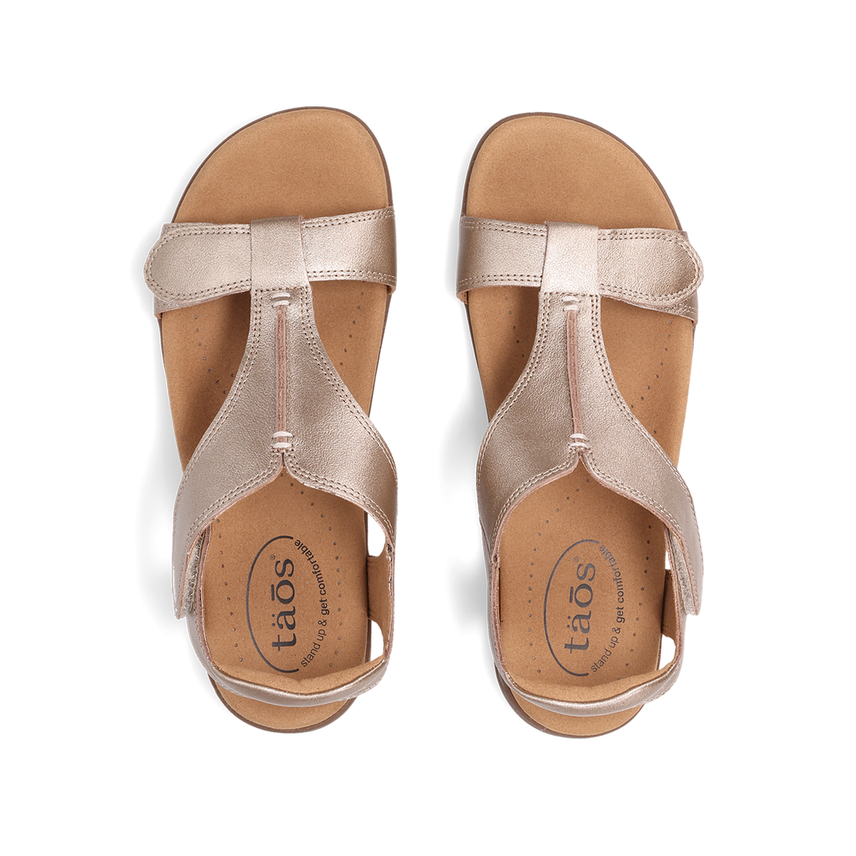 Taos women's T-strap sandals with metallic straps and cushioned footbed, top view