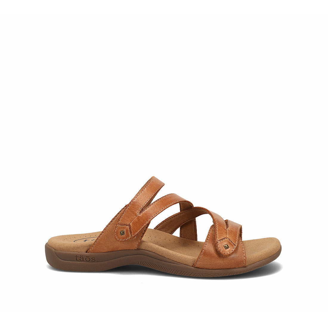 Taos womens leather slide sandal with three crossover straps and cushioned footbed