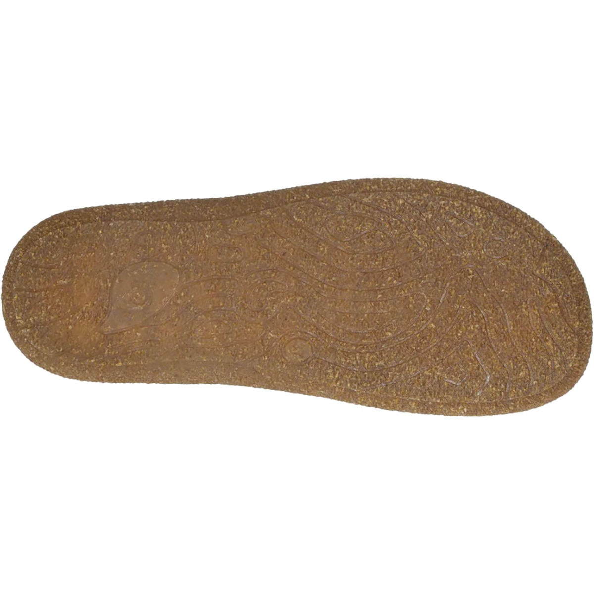 Bottom sole view of a cork and rubber sandal outsole with decorative swirl pattern