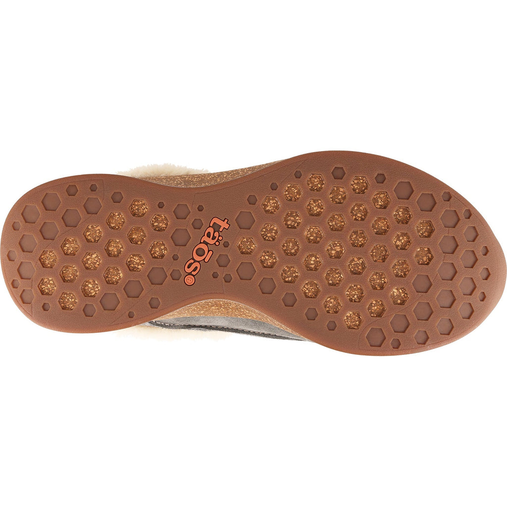 Bottom sole view of Taos slipper showing hexagonal tread pattern and cork footbed