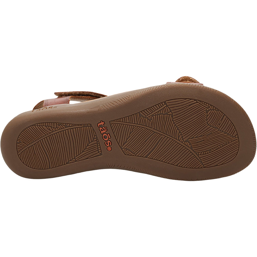 Bottom sole view of Taos womens sandal showing leaf-patterned rubber outsole with brand logo
