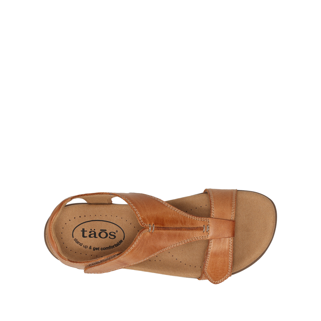Taos women's leather sandal with T-strap design and hook-and-loop ankle closure, top view
