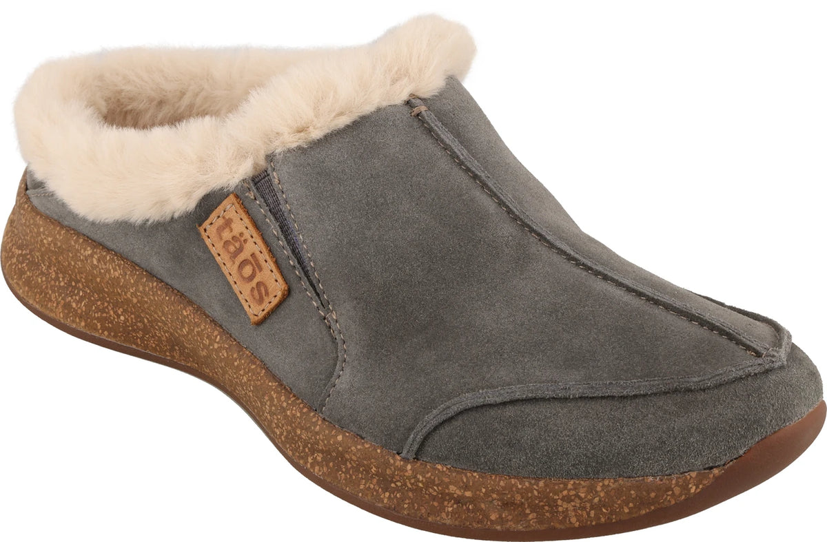 Taos womens suede clog slipper with plush shearling lining and cork sole