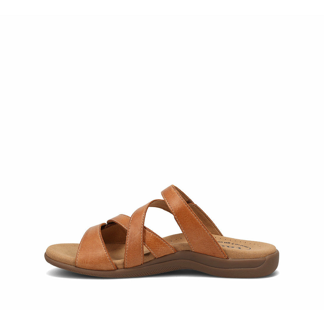 Taos womens slide sandal with multi-strap crossover design and cushioned footbed, side view