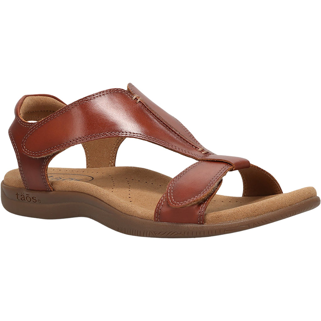 Taos women's leather sandal with T-strap upper and cushioned footbed, angled side view