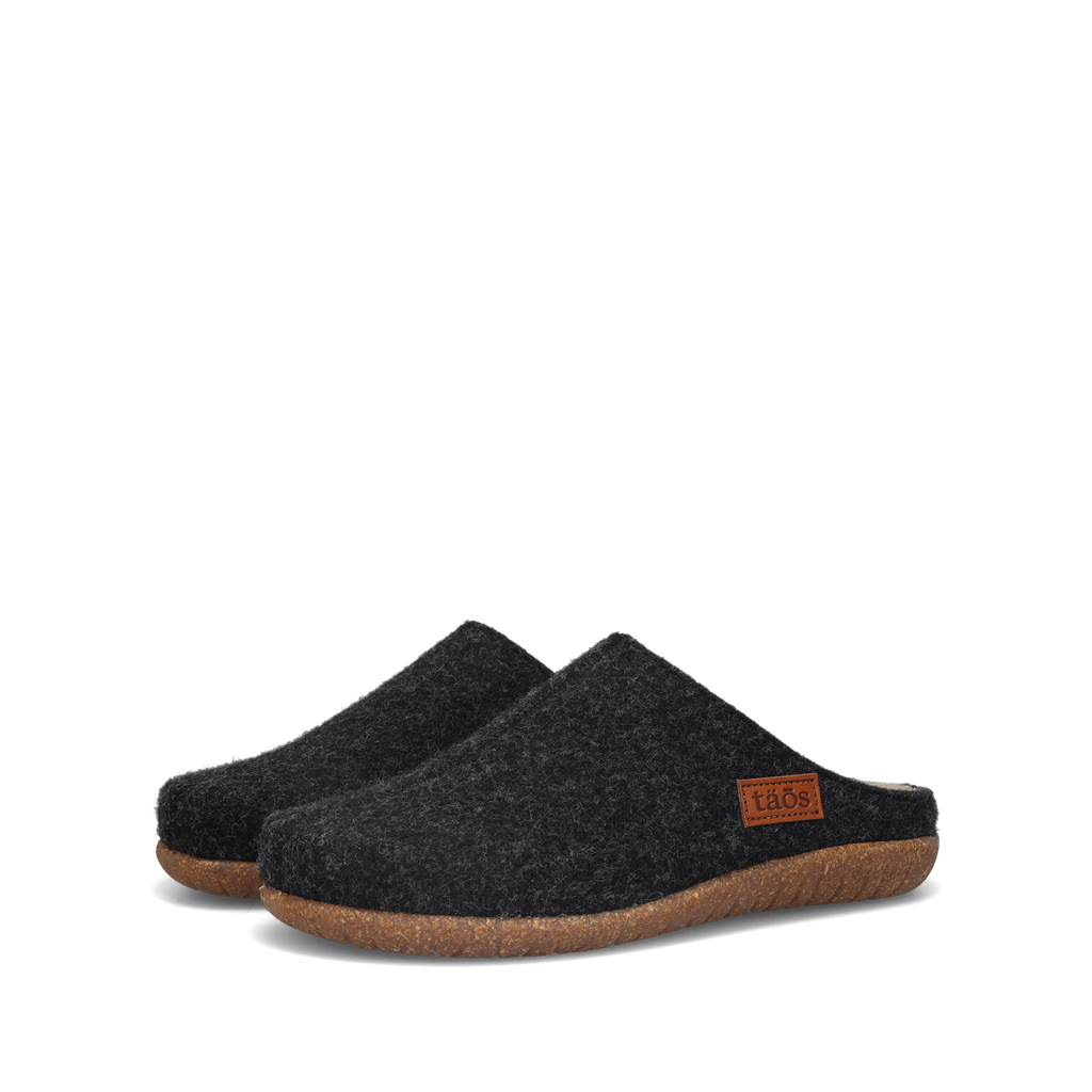 Taos Woolness felt clogs with cork-rubber sole and leather brand patch, angled pair view