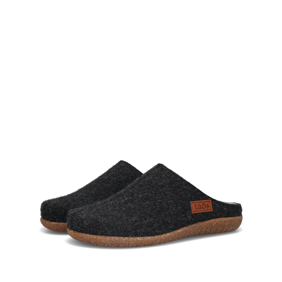 Taos Woolness felt clogs with cork-rubber sole and leather brand patch, angled pair view