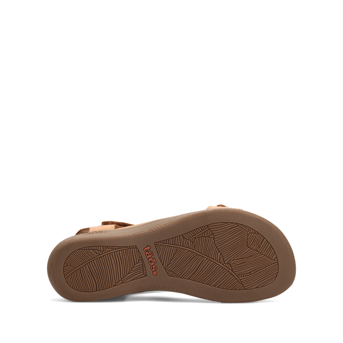 Bottom sole view of Taos sandal showing leaf-patterned outsole with brand logo