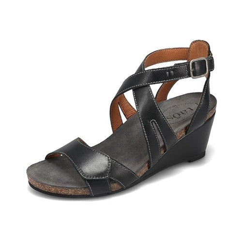 Taos wedge sandal with crossover leather straps, open toe, and ankle buckle closure