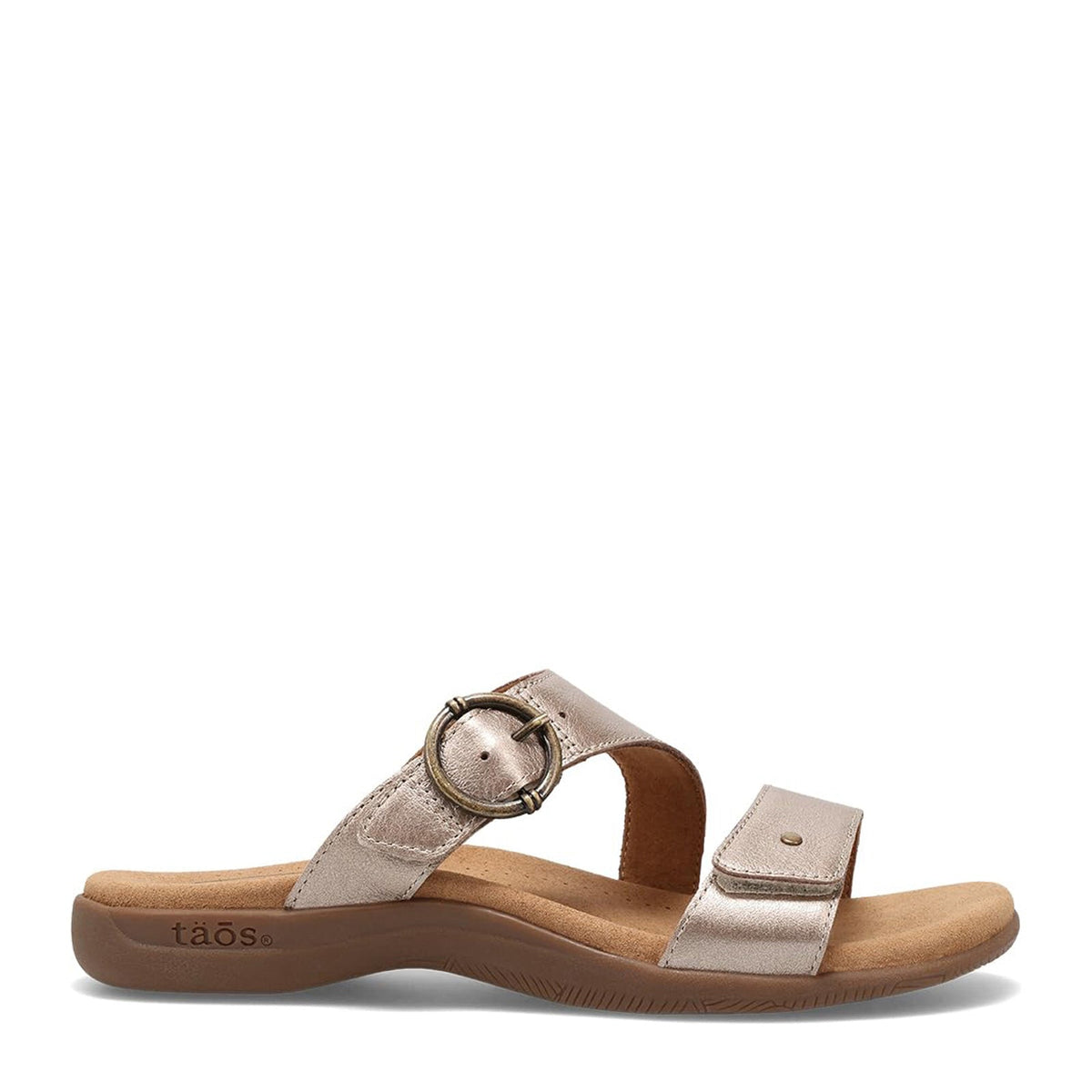 Taos women's slide sandal with double straps and round buckle detail on cushioned sole