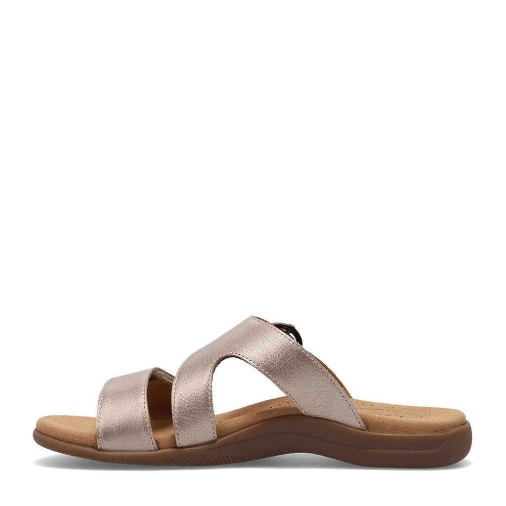 Taos Westside women's slide sandal with metallic straps and cushioned footbed, lateral view