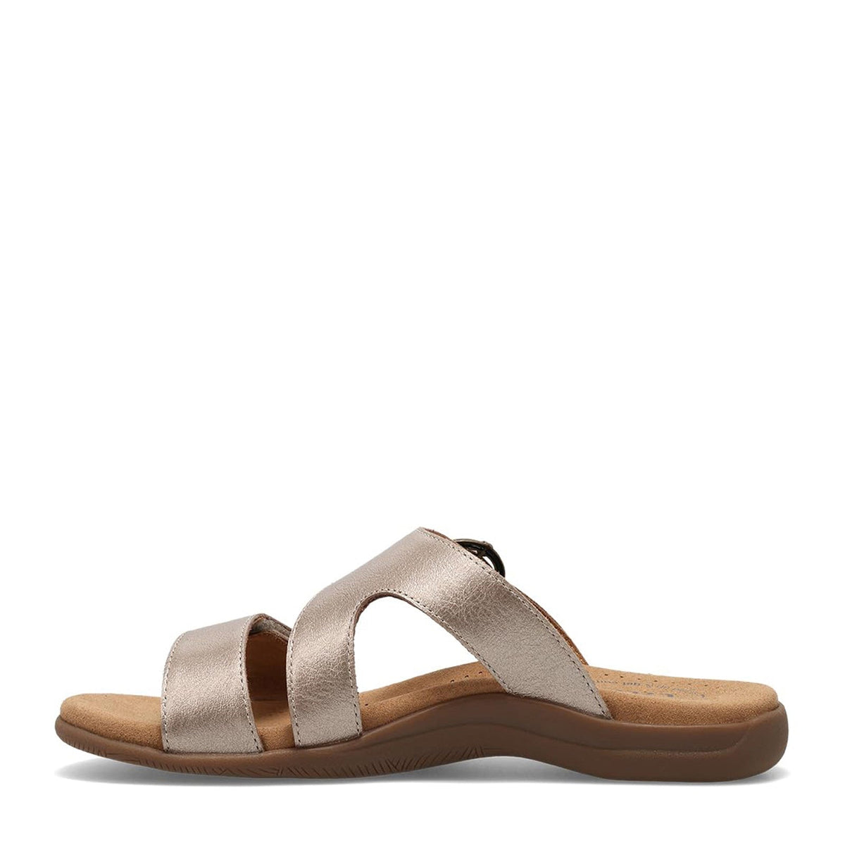 Taos Westside women's slide sandal with metallic straps and cushioned footbed, lateral view