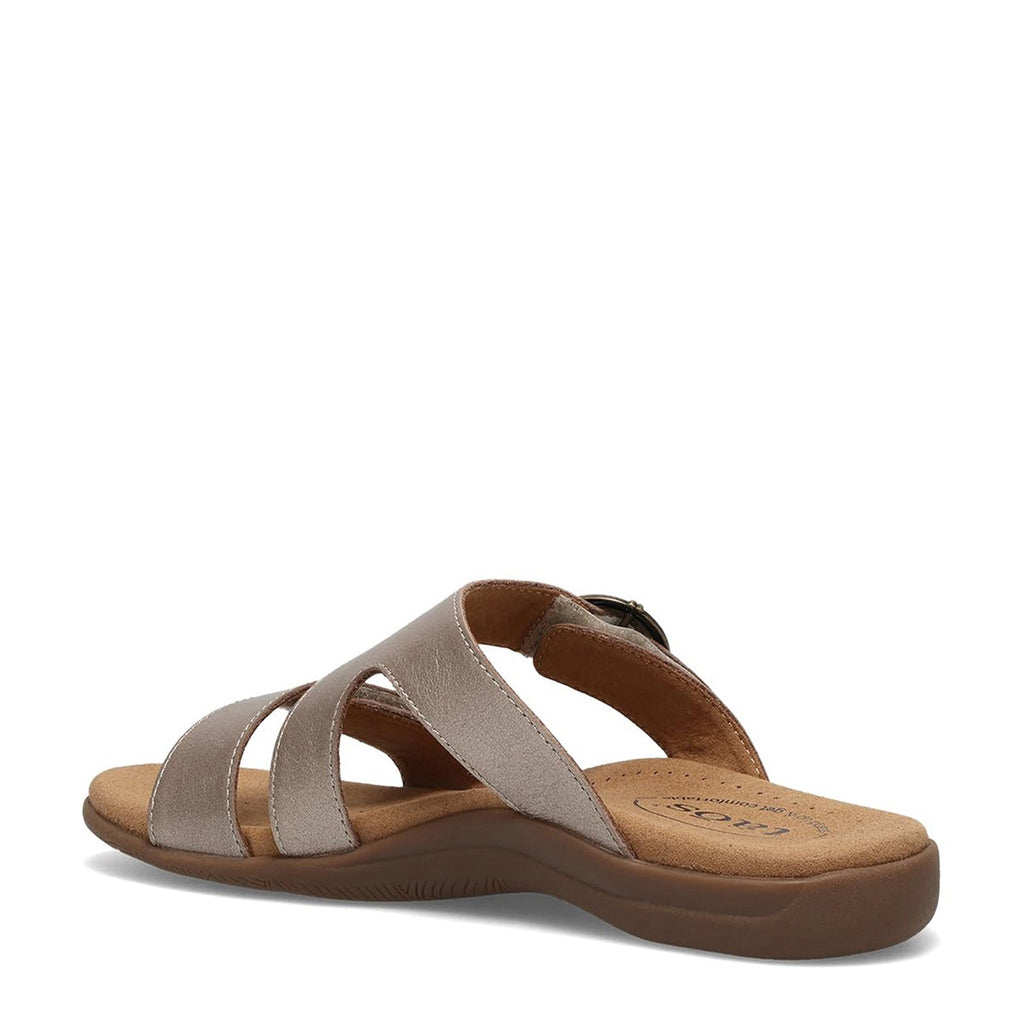 Rear view of women's slip-on sandal with crossed metallic straps and cushioned footbed