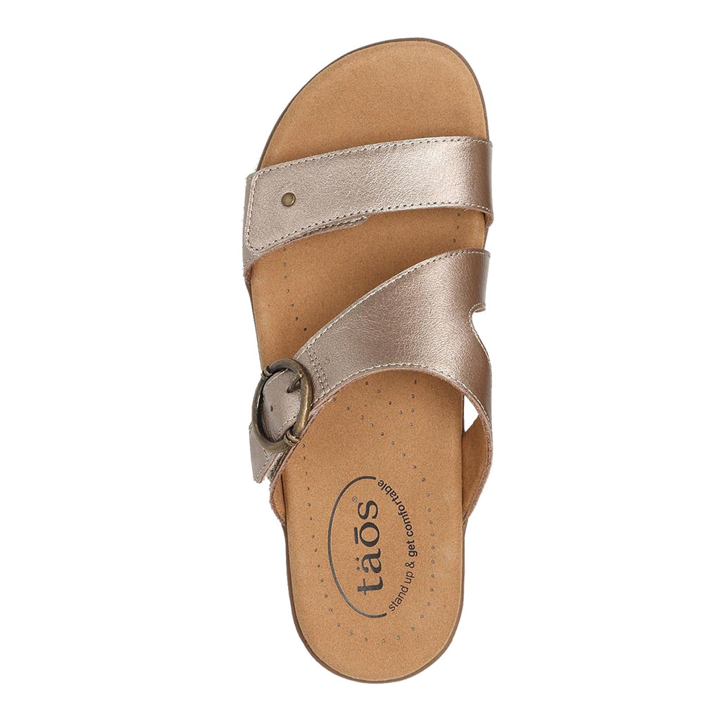 Taos Westside women's slide sandal with metallic straps and buckle detail, top view