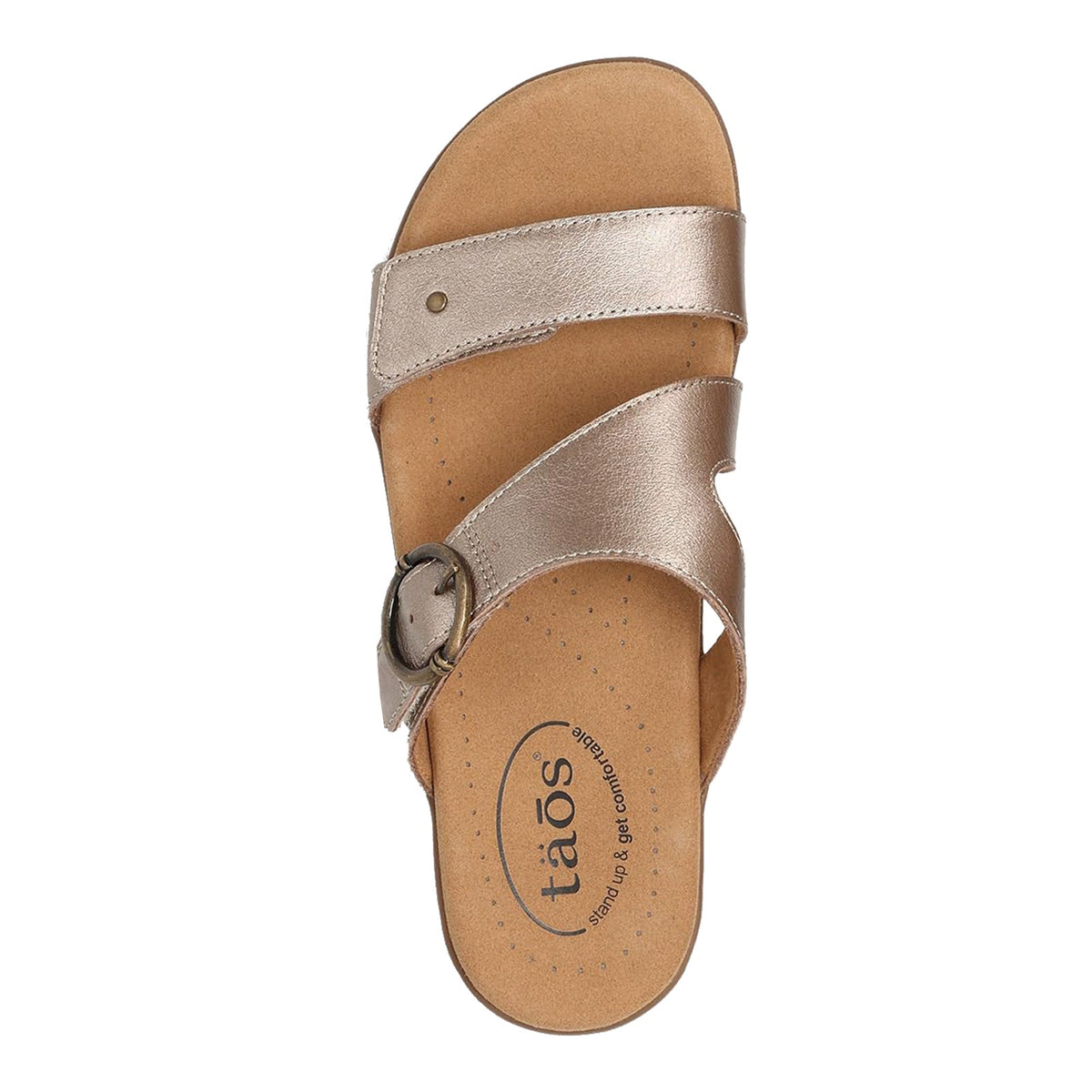 Taos Westside women's slide sandal with metallic straps and buckle detail, top view