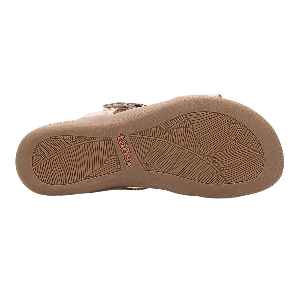 Bottom sole view of Taos women's sandal showing textured leaf-pattern outsole and brand logo