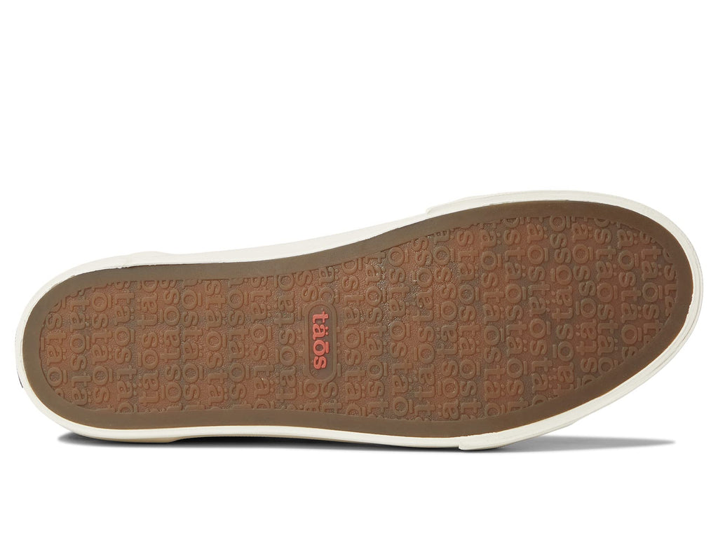 Bottom sole view of Taos Plim Soul sneaker showing textured rubber outsole with brand logo