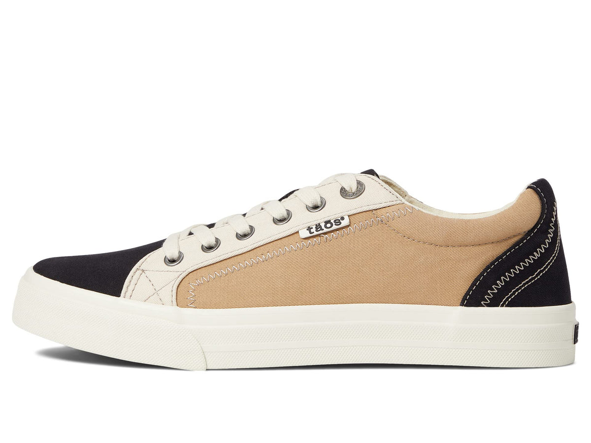 Taos Plim Soul low-top canvas sneaker with tan panel, black toe and heel, white sole