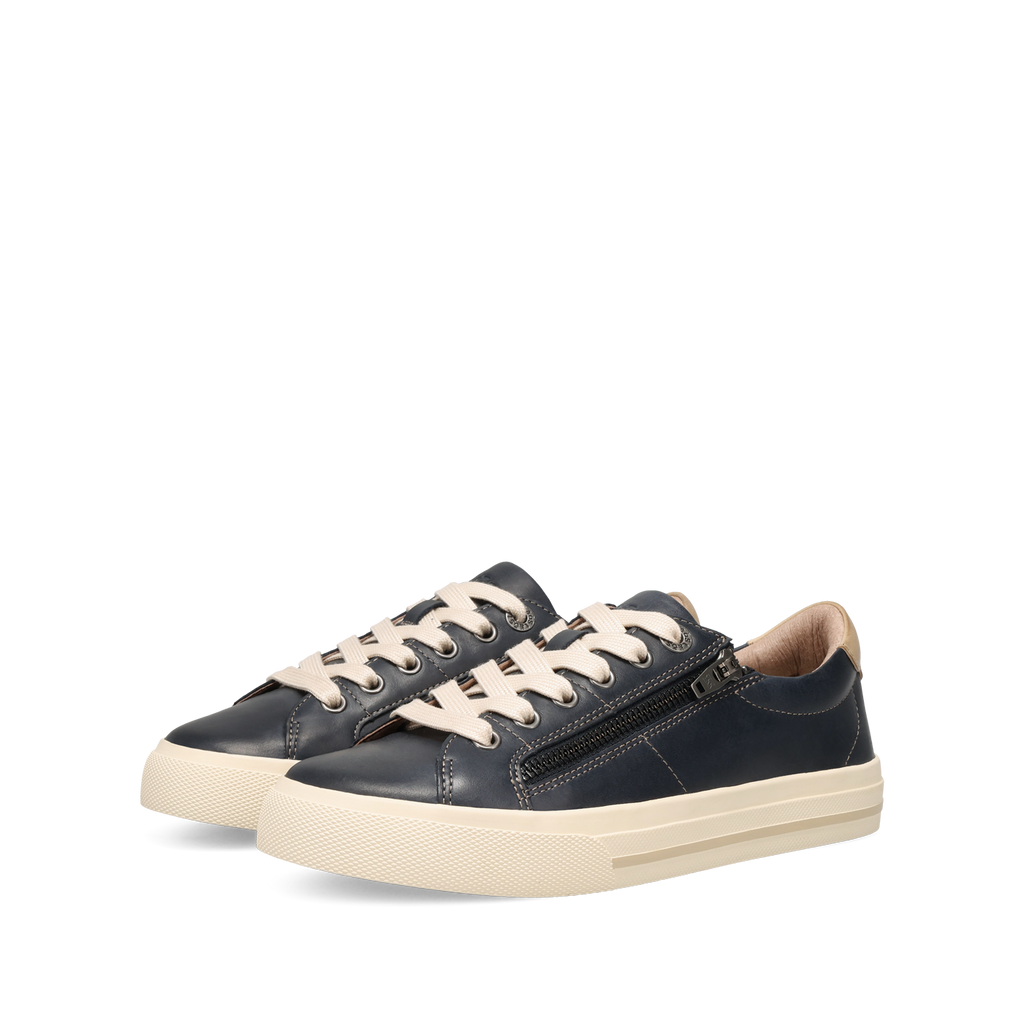Women's leather lace-up sneakers with side zipper and thick cream platform sole, pair shown