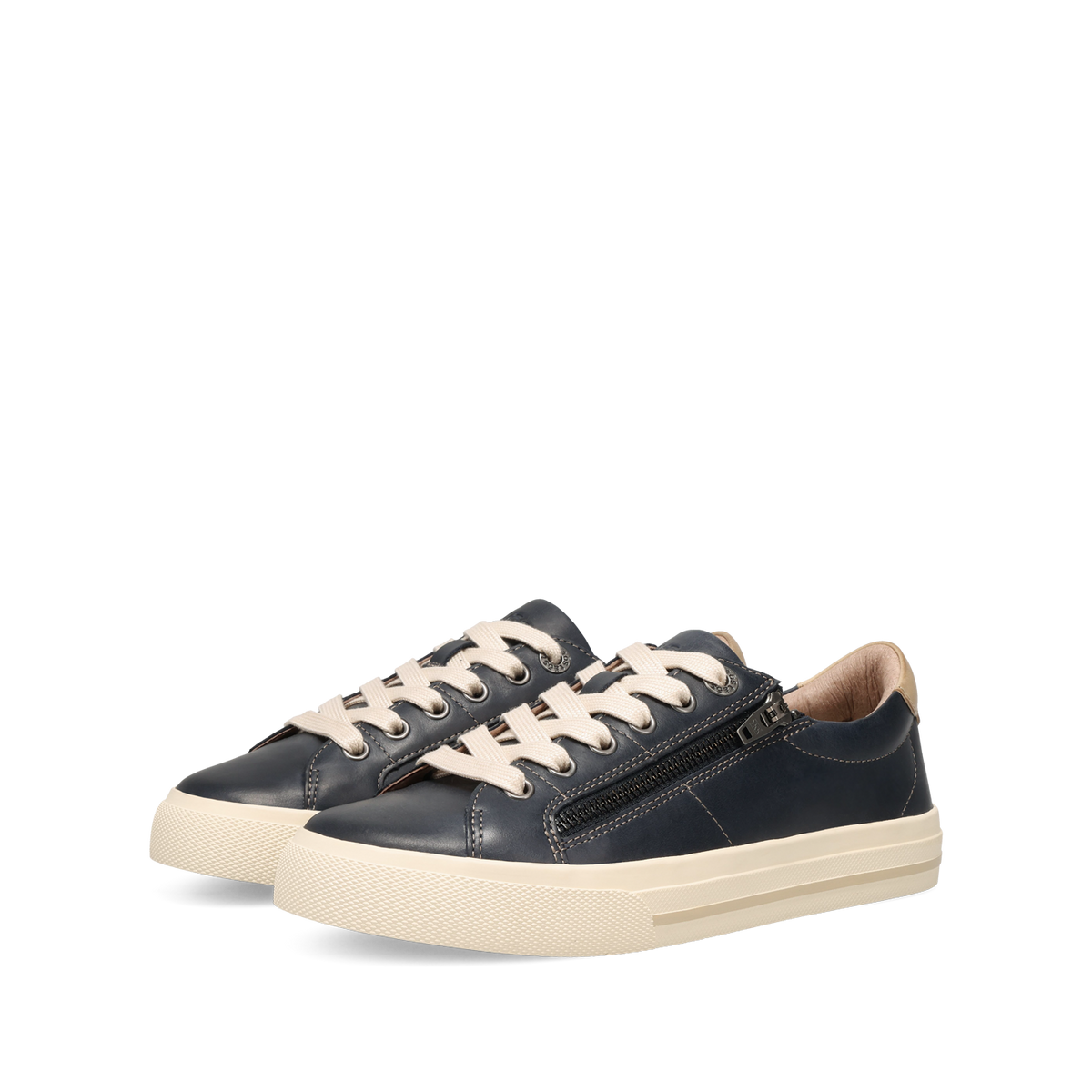 Women's leather lace-up sneakers with side zipper and thick cream platform sole, pair shown