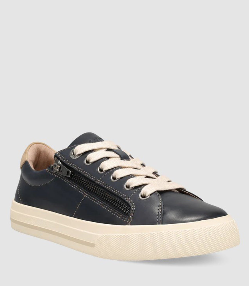 Taos Z Soul Lux leather sneaker with side zipper and cream laces on white sole