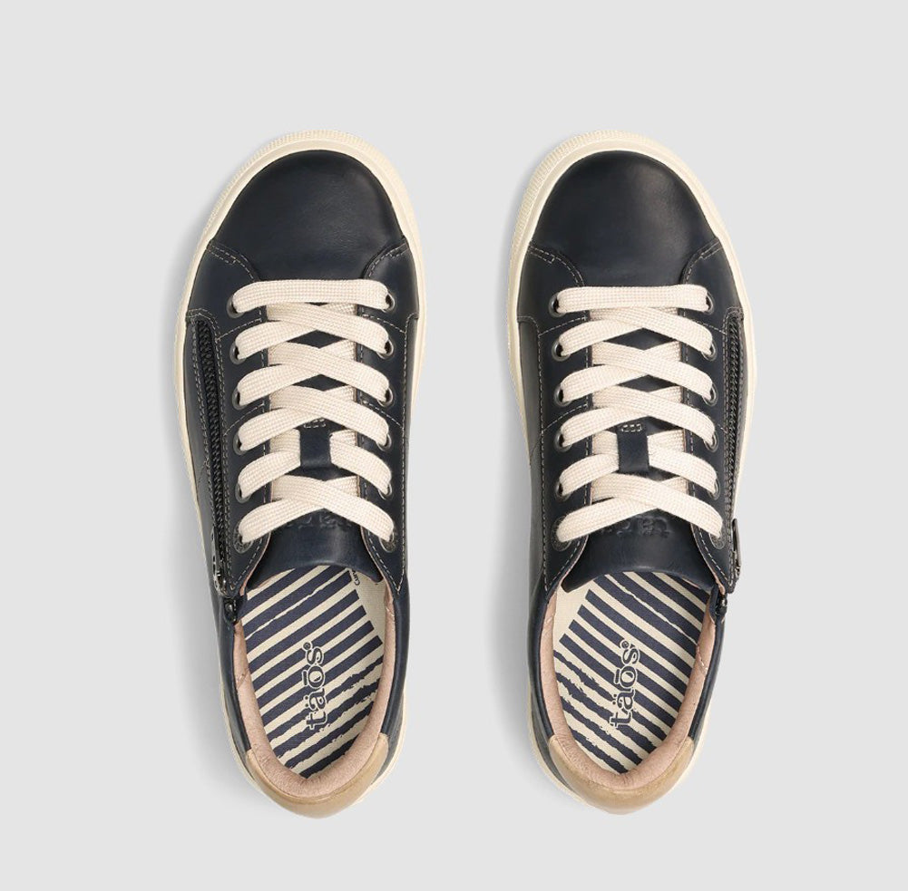 Taos Z Soul Lux sneakers pair shown from above with striped insoles visible