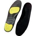 Pair of replacement shoe insoles showing top fabric surface and bottom shock absorption system