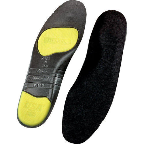 Pair of replacement shoe insoles showing top fabric surface and bottom shock absorption system