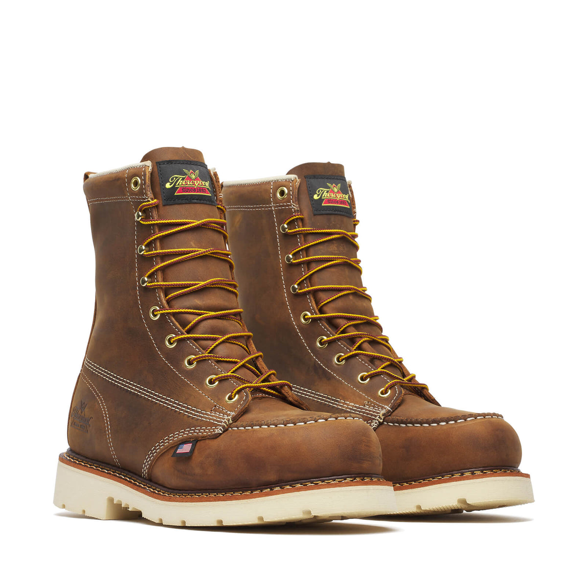 Thorogood men's 8-inch moc toe work boots with yellow laces and cream wedge sole