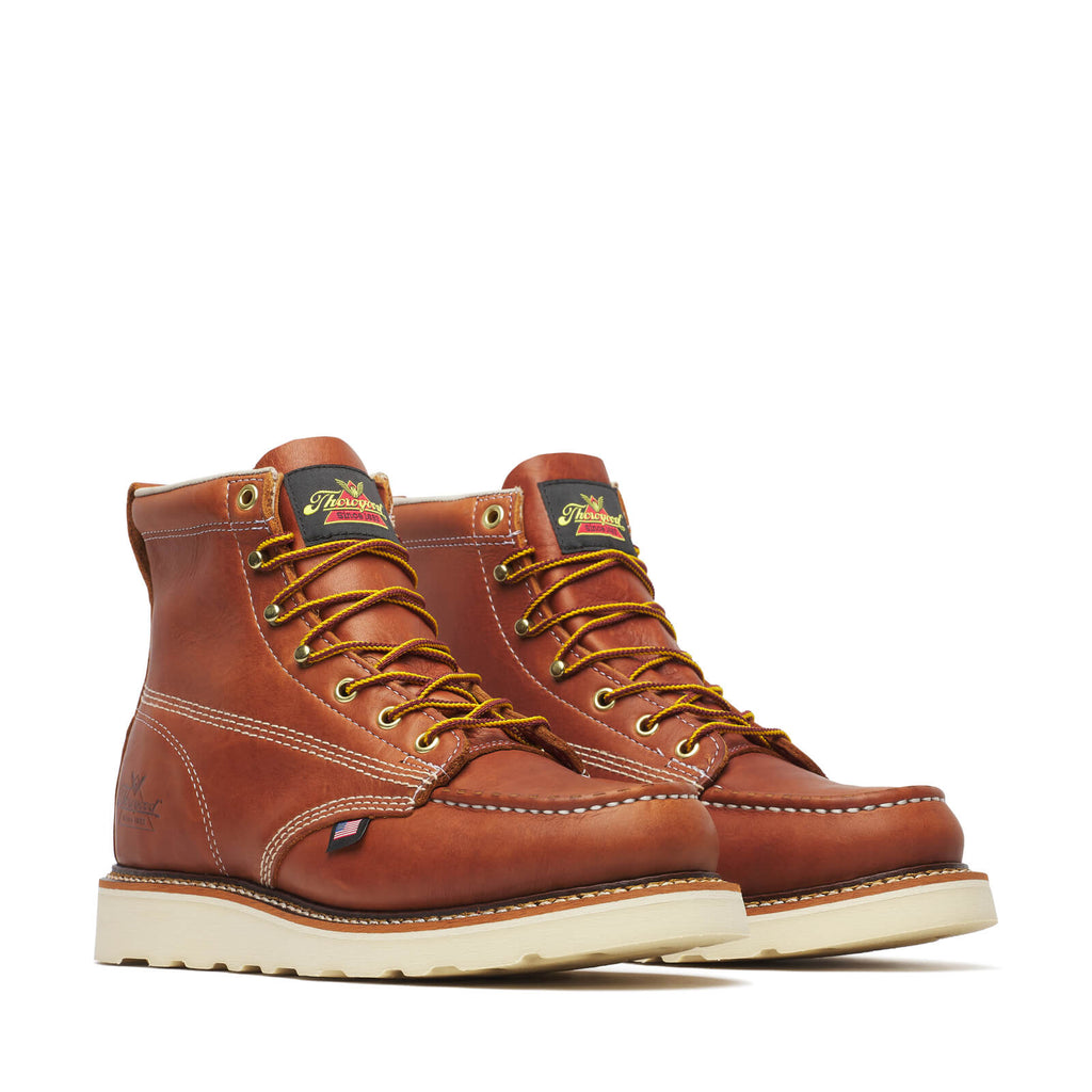 Thorogood men's moc toe lace-up work boots with wedge sole and white stitching