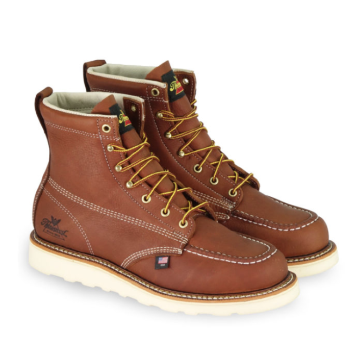 Thorogood mens moc toe lace-up work boots with wedge sole and white stitching
