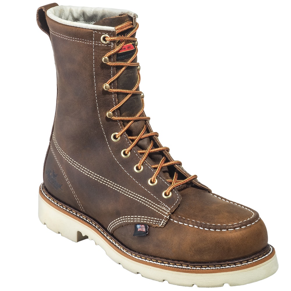 Thorogood mens 8-inch moc toe lace-up work boot with white wedge sole