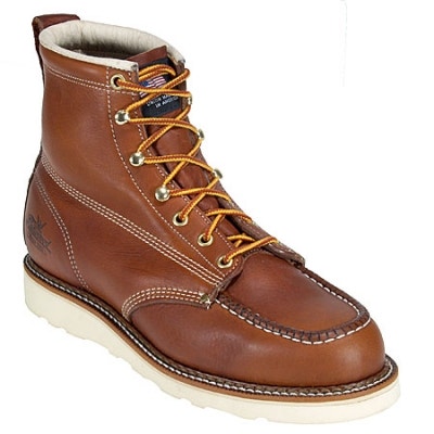 Thorogood men's lace-up moc toe work boot with wedge sole and contrast stitching