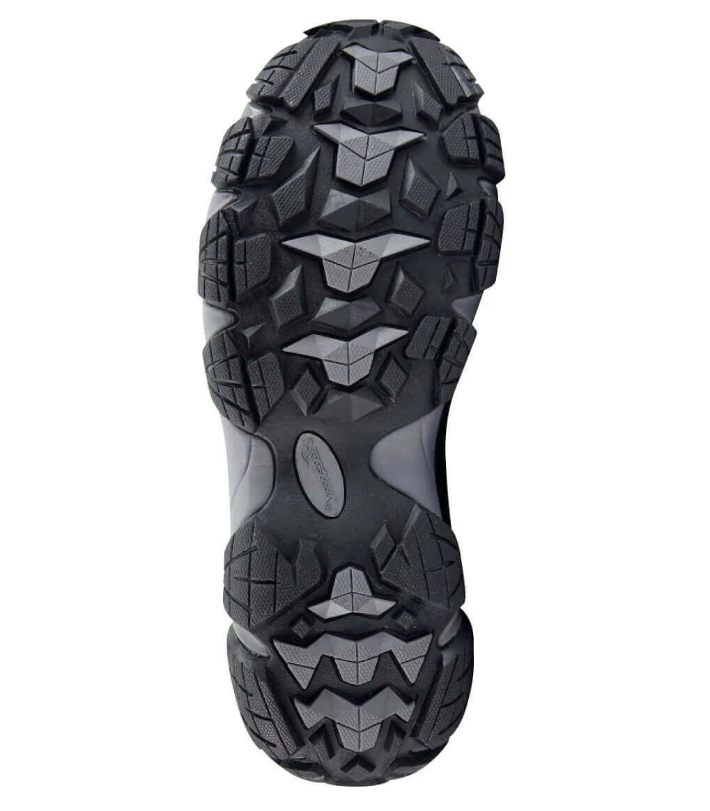 Bottom view of Thorogood men's waterproof safety toe boot showing aggressive outsole tread pattern