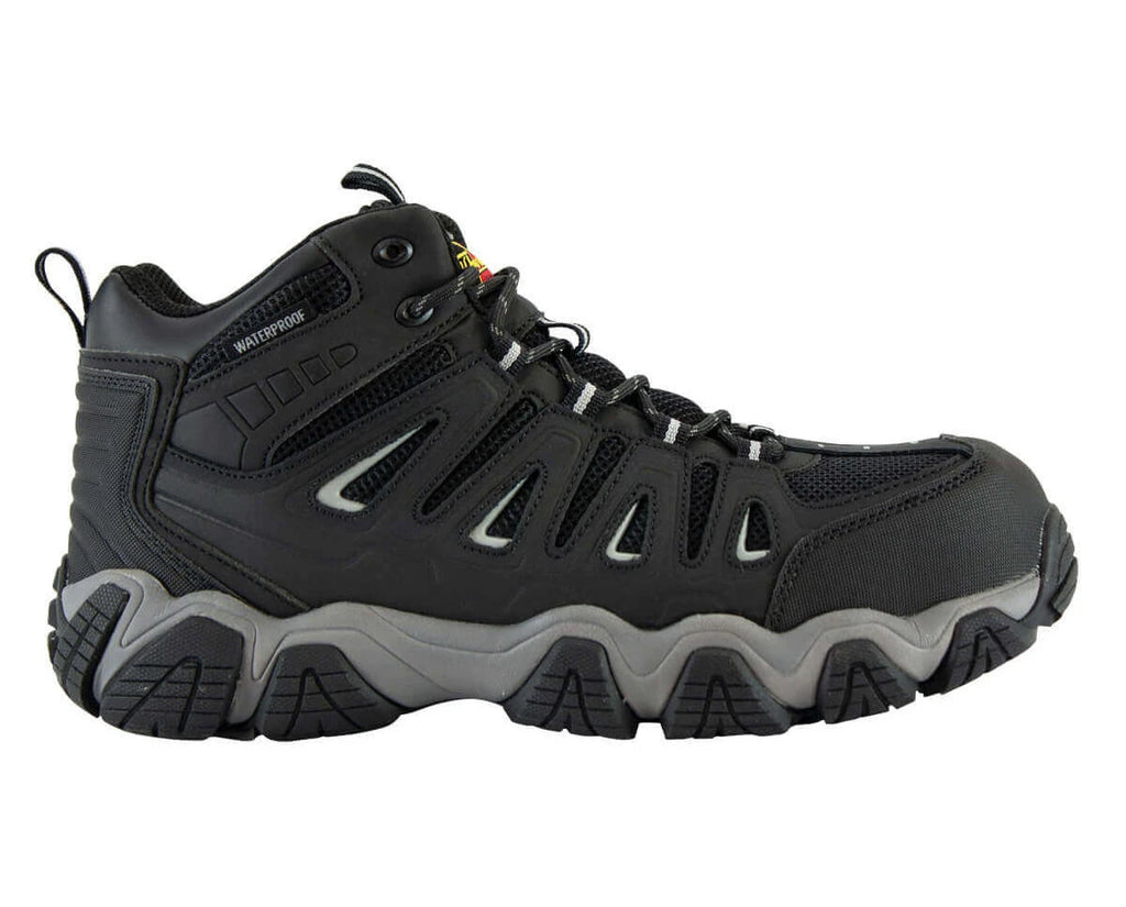 Thorogood men's waterproof mid-cut safety toe hiking boot with aggressive lug sole