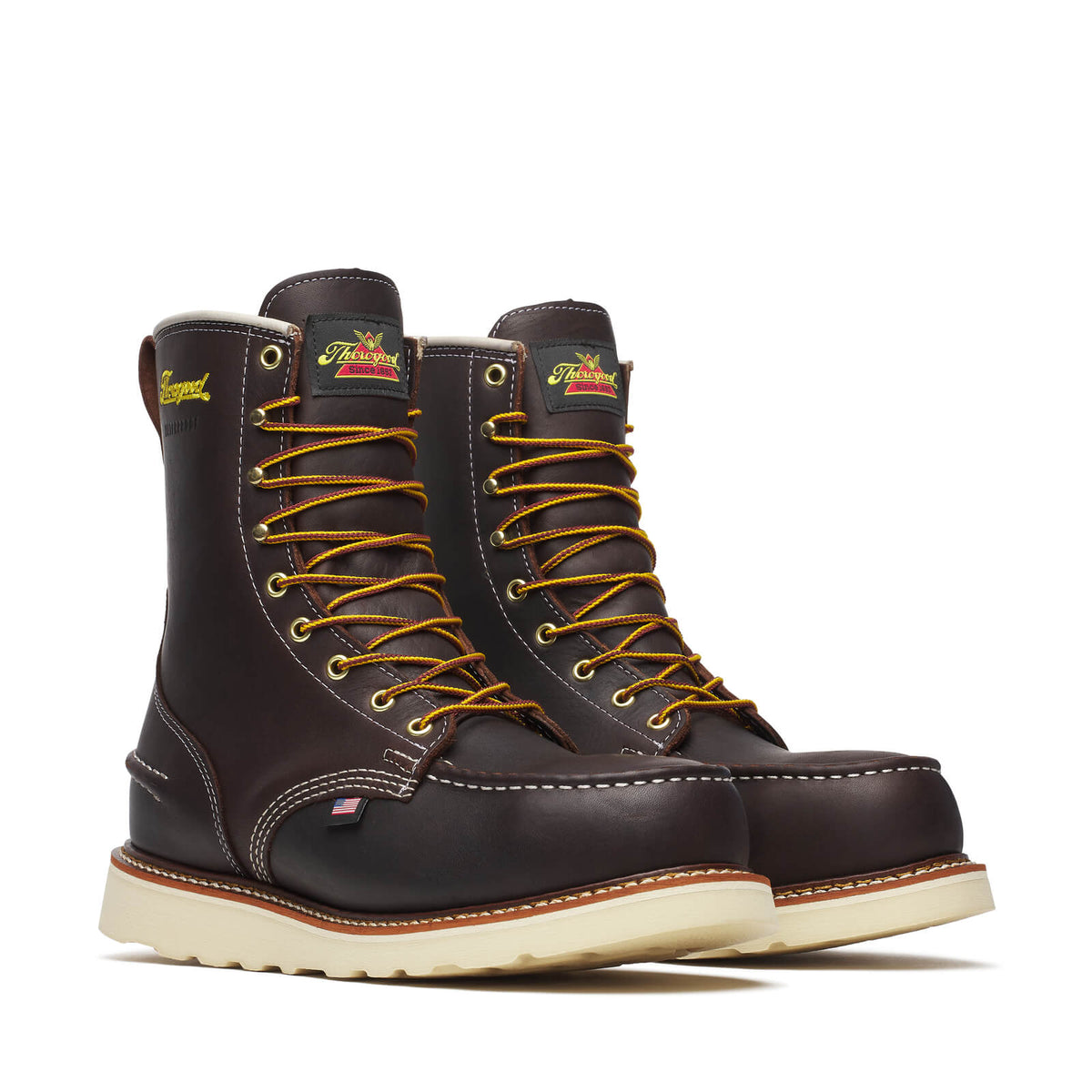 Thorogood men's 8-inch steel toe waterproof wedge work boots with yellow laces