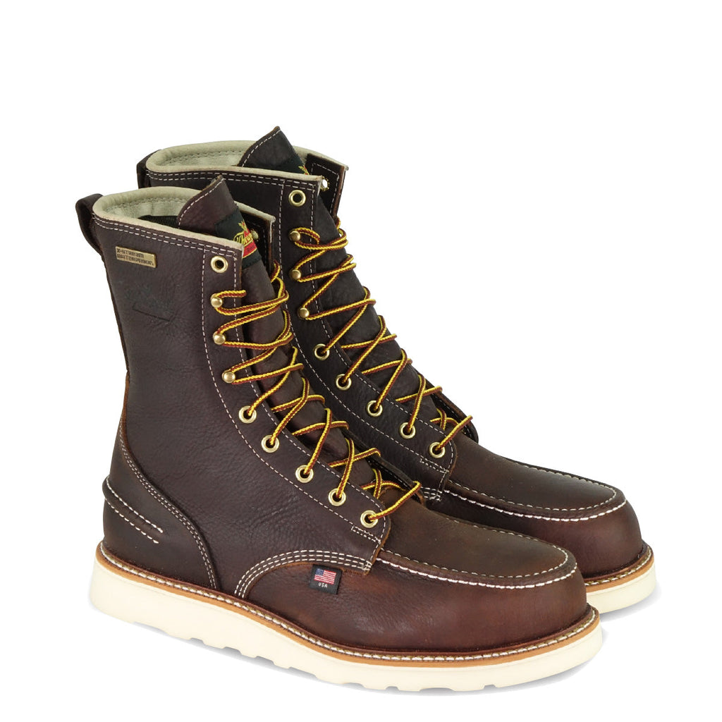 Thorogood men's 8-inch steel toe waterproof wedge work boots with moc toe and lace-up closure