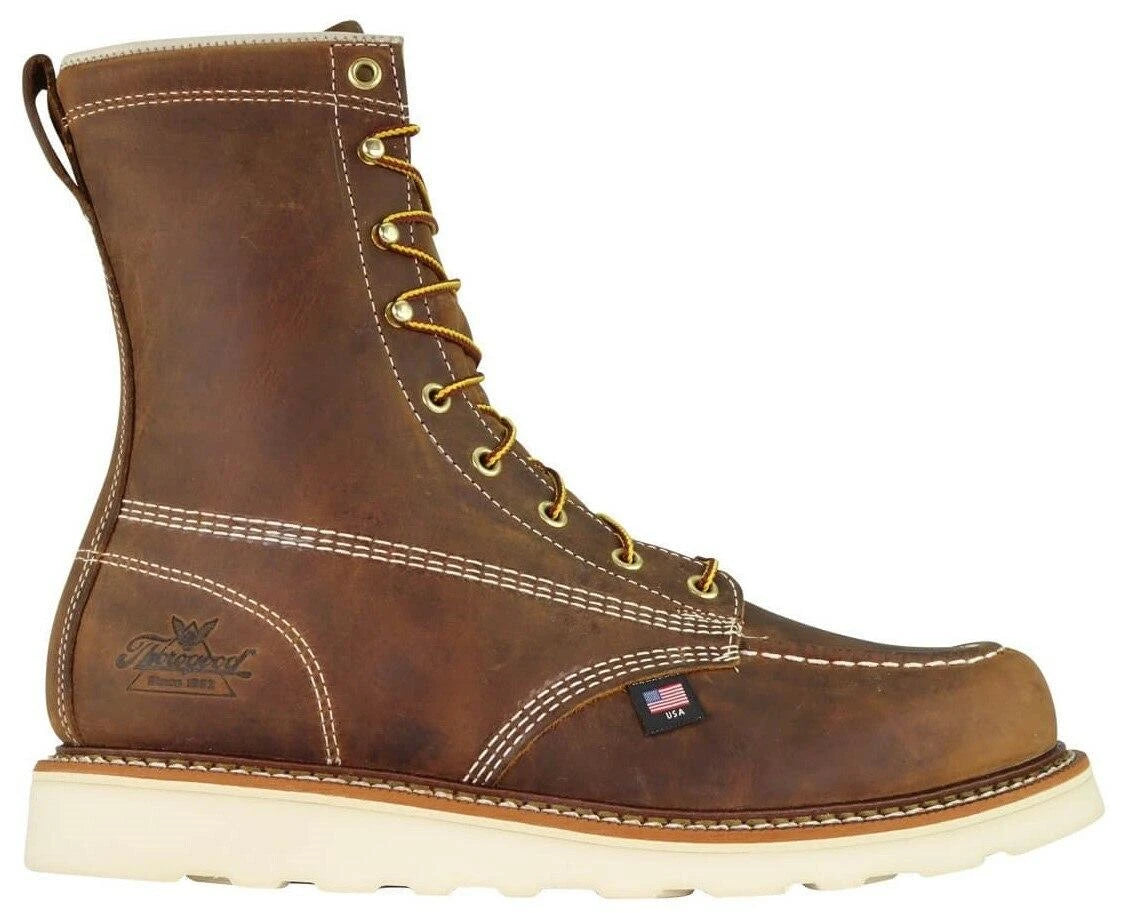 Thorogood men's 8-inch moc toe wedge work boot in distressed brown leather