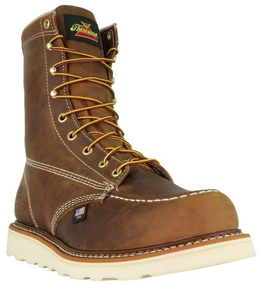 Thorogood men's lace-up leather work boot with moc toe and wedge sole