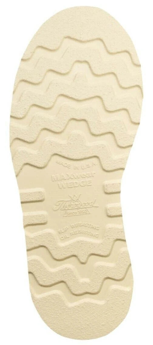 Bottom sole view of Thorogood wedge work boot showing MAXwedge tread pattern and branding