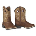 Kids western cowboy boots with embroidered tan shaft, side zipper, and square toe