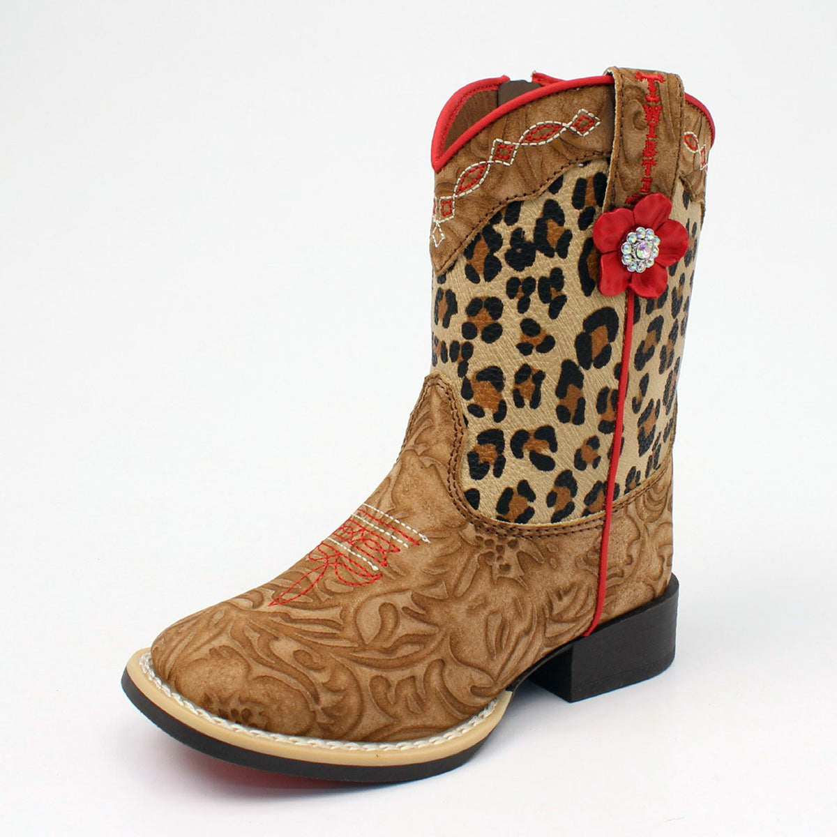 Kids cowboy boot with leopard print shaft, tan tooled leather vamp, and red flower embellishment